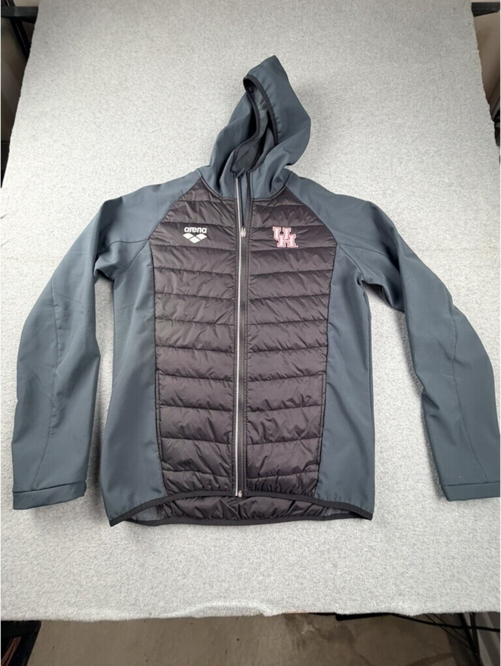 Arena Mens Puffer Hooded Jacket L Gray Black University Houston UH Team Line
